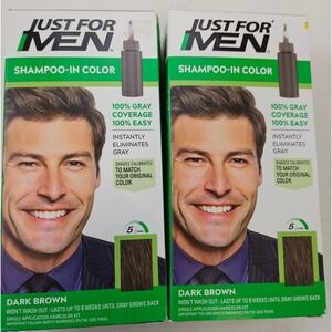 Just For Men Shampoo-In Color Dark Brown H-45 Gray Coverage 2 Pack Mens Hair Dye